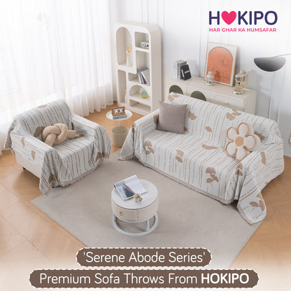 Premium 320 GSM Chenille Sofa Cover Throw All Season 'Serene Abode Series', Beige Ginkgo Lines