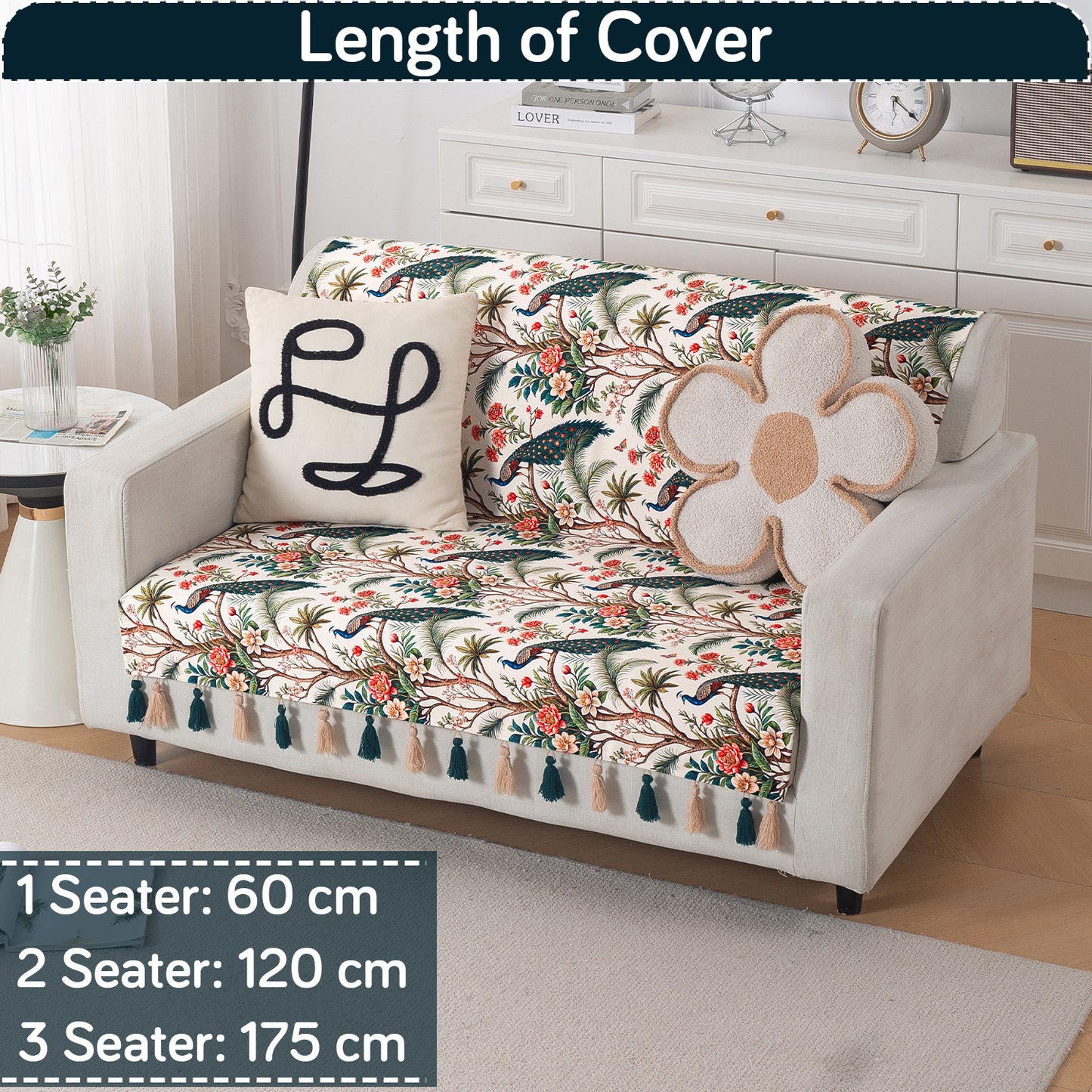 'Whispers of Nature' Series Holland Velvet Sofa Cover with Tassel, Multicolor Tropical Peacock