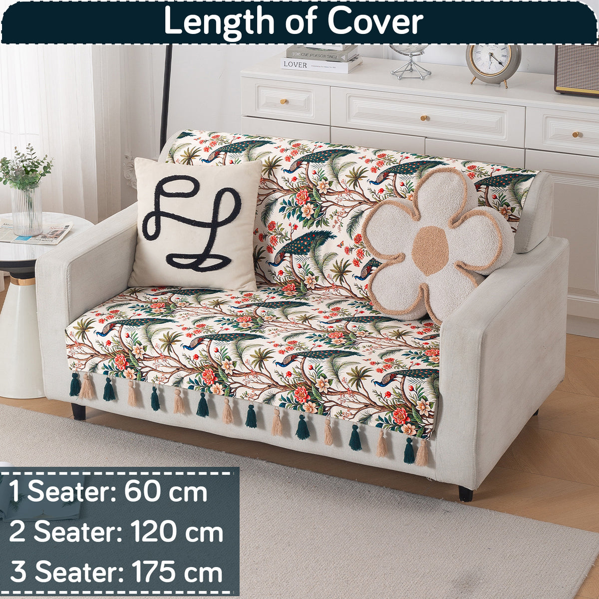 'Whispers of Nature' Series Holland Velvet Sofa Cover with Tassel, Multicolor Tropical Peacock