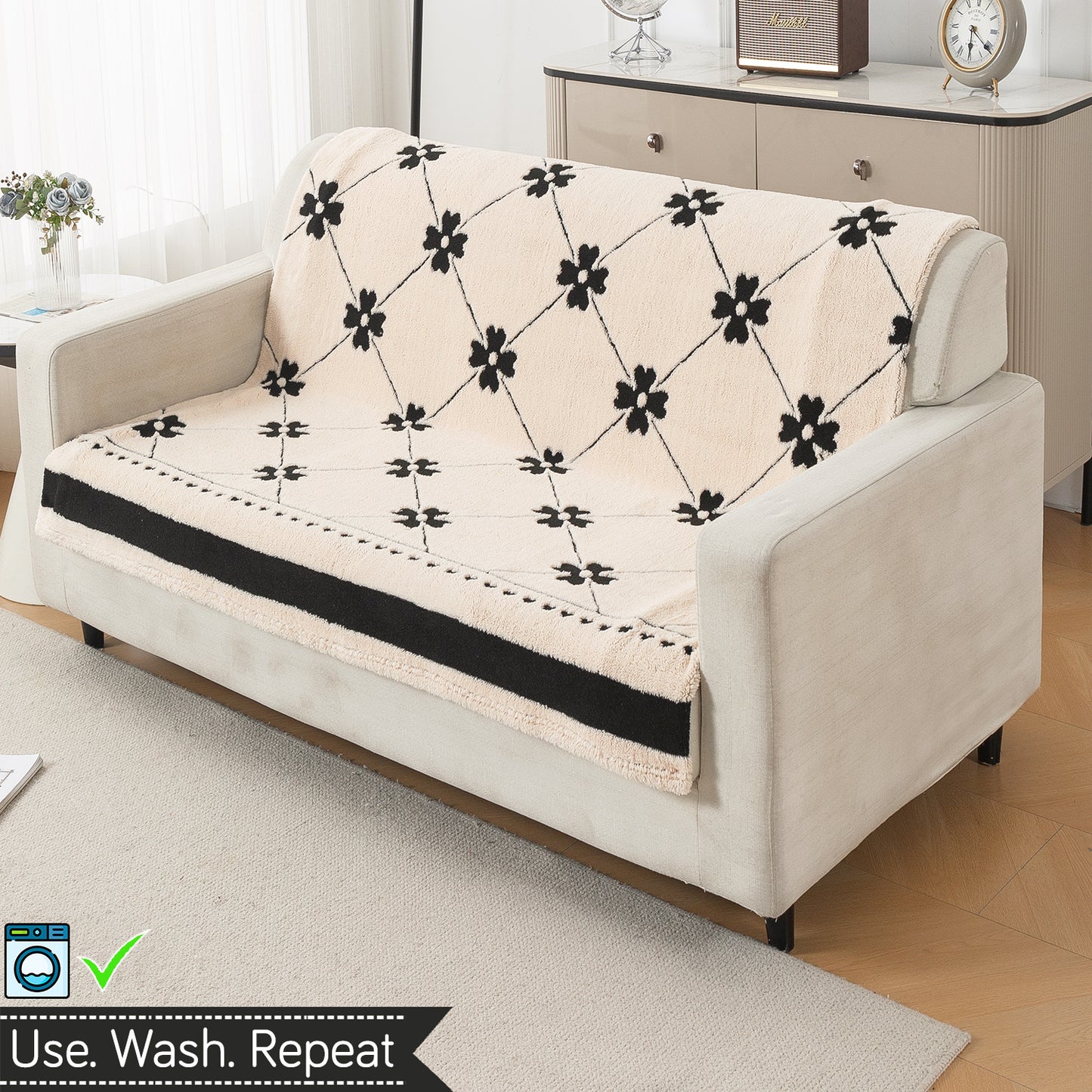 'Noirea Series' Plush Sofa Cover for Seat & Back, Floral Lattice