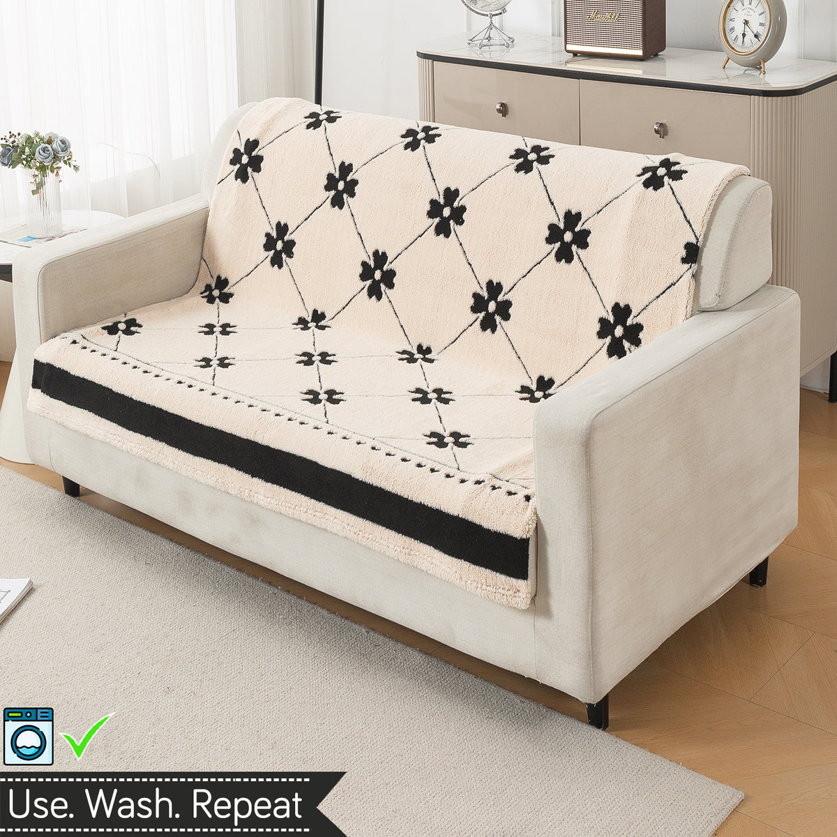 'Noirea Series' Plush Sofa Cover for Seat & Back, Floral Lattice