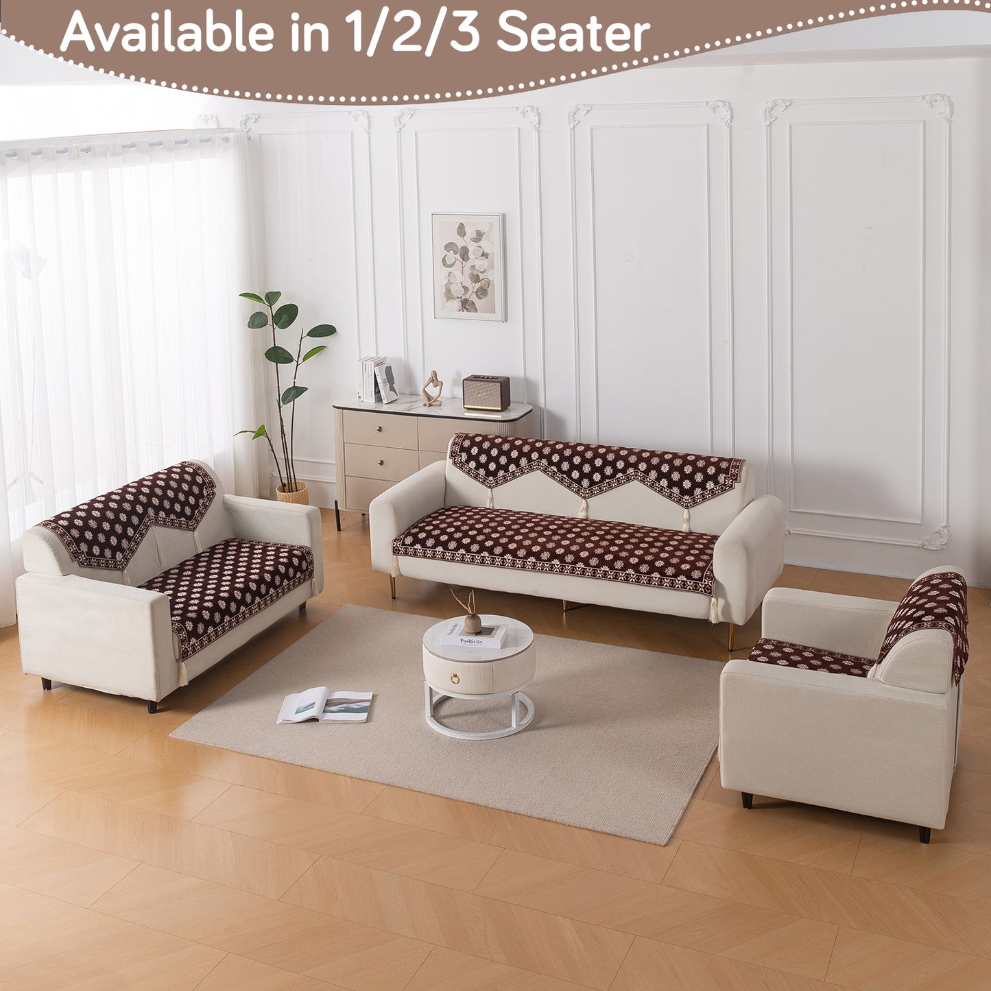 Heritage Weave Premium Jacquard Sofa Cover Set with Tassels - Coffee Brown