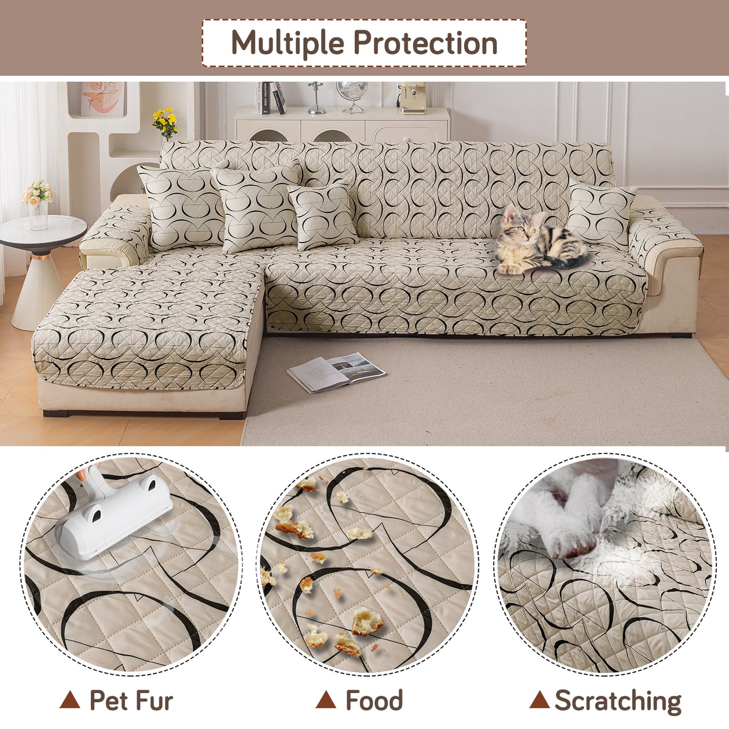 Elira Series Quilted One-Piece L Shape Sofa Cover Mat with Left and Right Chaise, Natural Beige Abstract Art