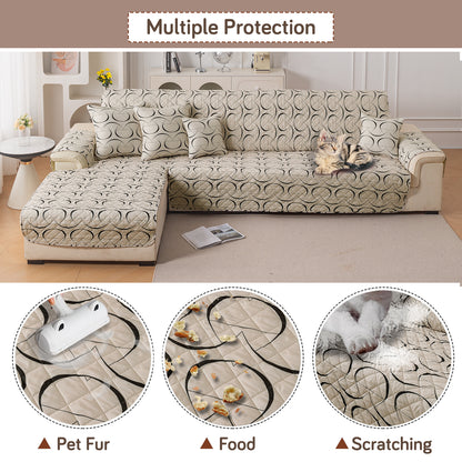 Elira Series Quilted One-Piece L Shape Sofa Cover Mat with Left and Right Chaise, Natural Beige Abstract Art