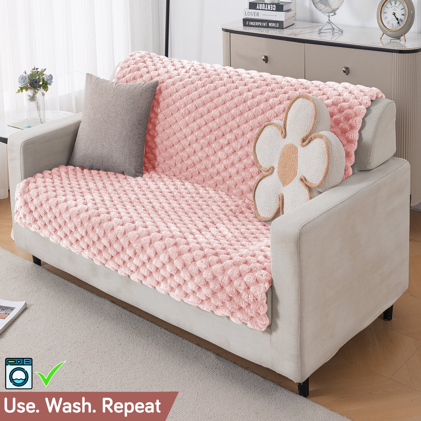 'BunnySoft Series' Plush Sofa Cover Throw for Sofa Seat & Back, Flamingo Pink