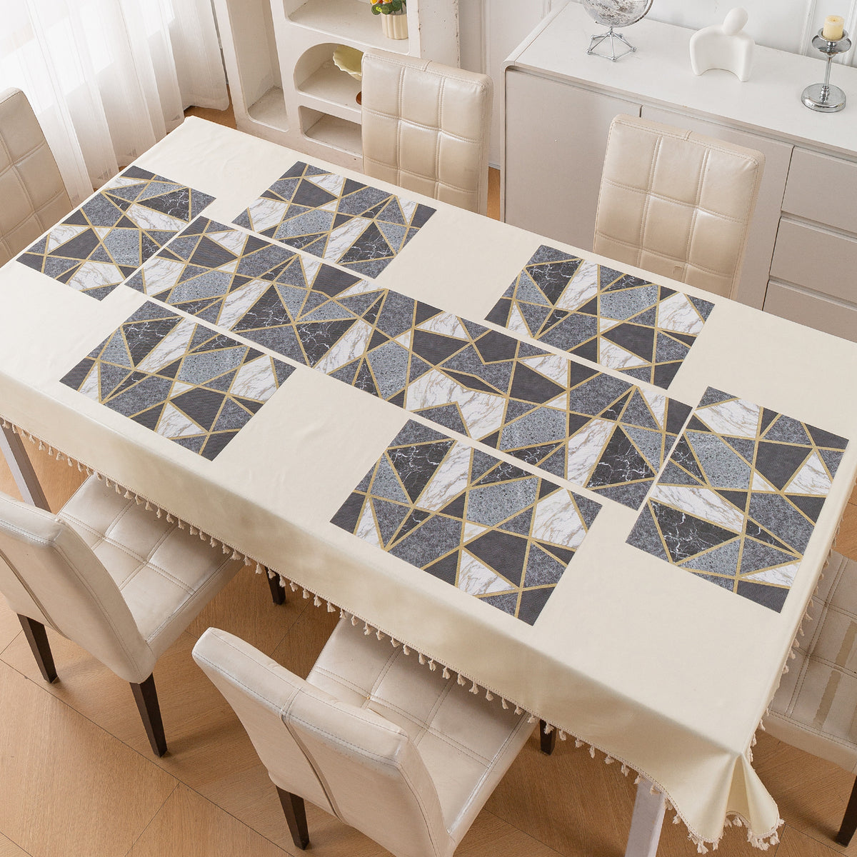 Marble Fusion PVC Mats for Dining Table, Geo Triangles - Charcoal Grey