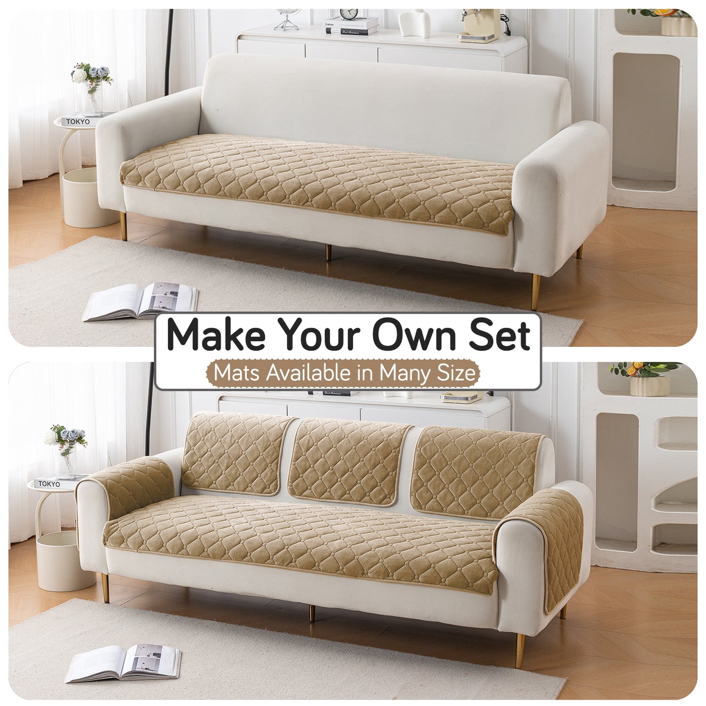 Diamond Tuft Plush Sofa Cover Mat, Sand Beige