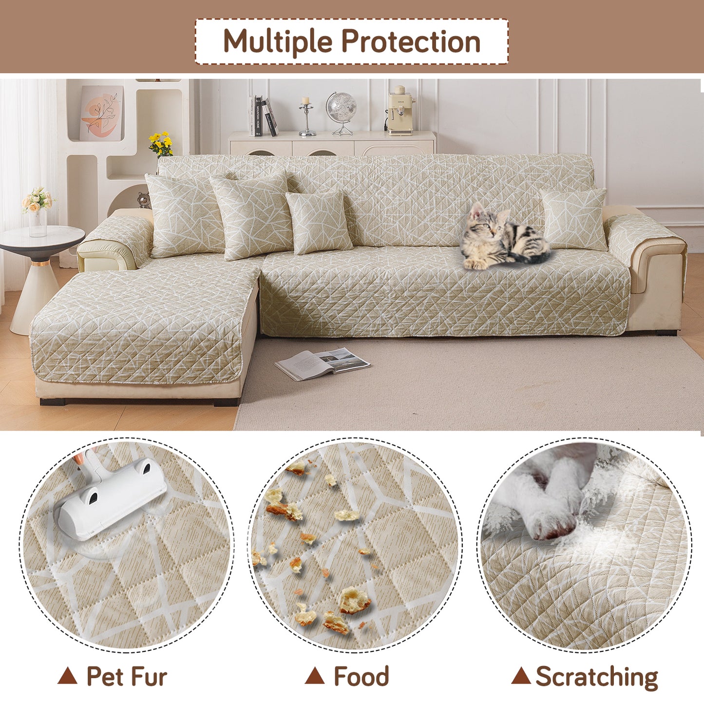 Elira Series Quilted One-Piece L Shape Sofa Cover Mat with Left and Right Chaise, Beige Abstract Geometry