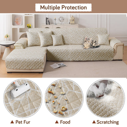 Elira Series Quilted One-Piece L Shape Sofa Cover Mat with Left and Right Chaise, Beige Abstract Geometry