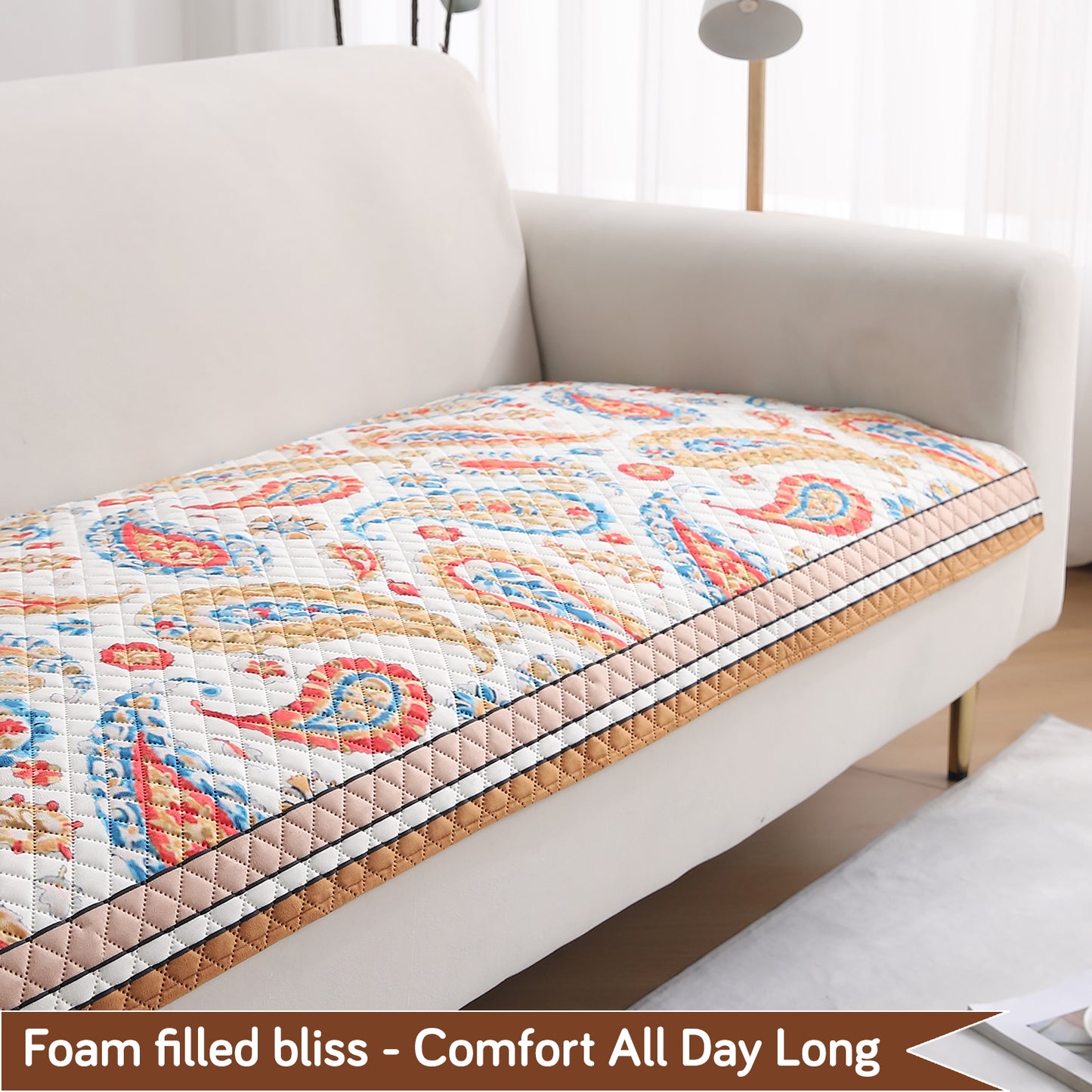 LiefNest Printed Holland Velvet L Shape Sofa Seat Mat with Foam Filling - Paisley Multicolor