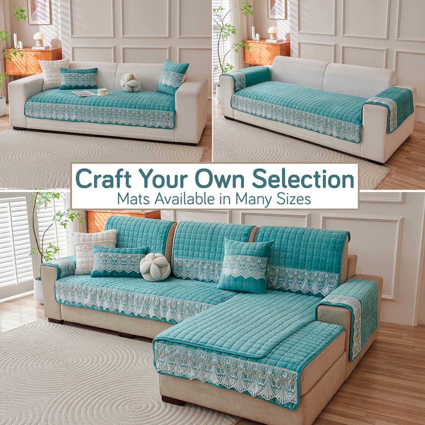 BelleLace Series Imperial Milk Velvet Sofa Cover Mat with Lace Design - Teal