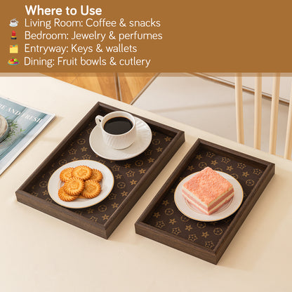 Wooden Serving Tray MDF Rectangular Eco-Friendly Trays Set of 3, Elegant Brown Finish