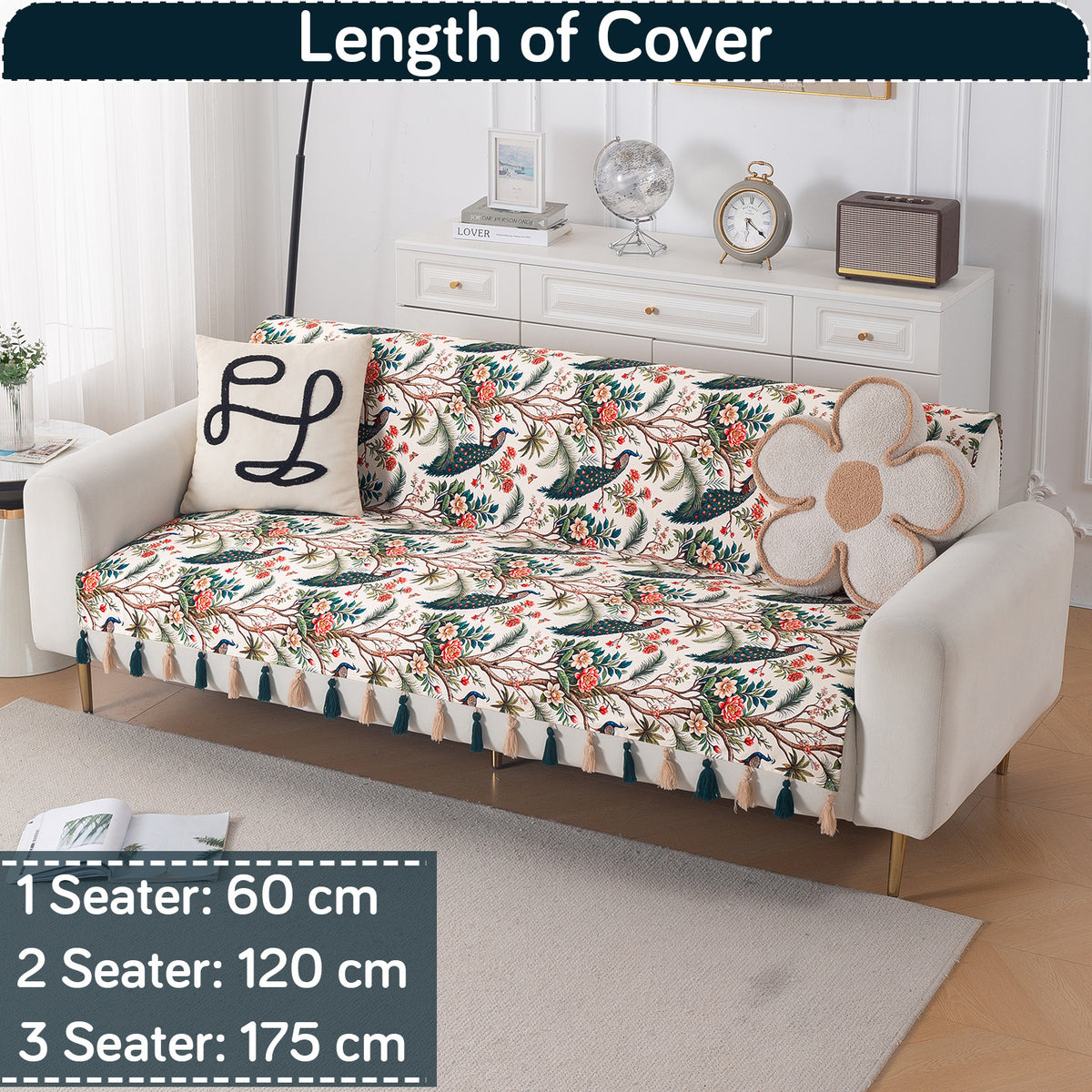 'Whispers of Nature' Series Holland Velvet Sofa Cover with Tassel, Multicolor Tropical Peacock