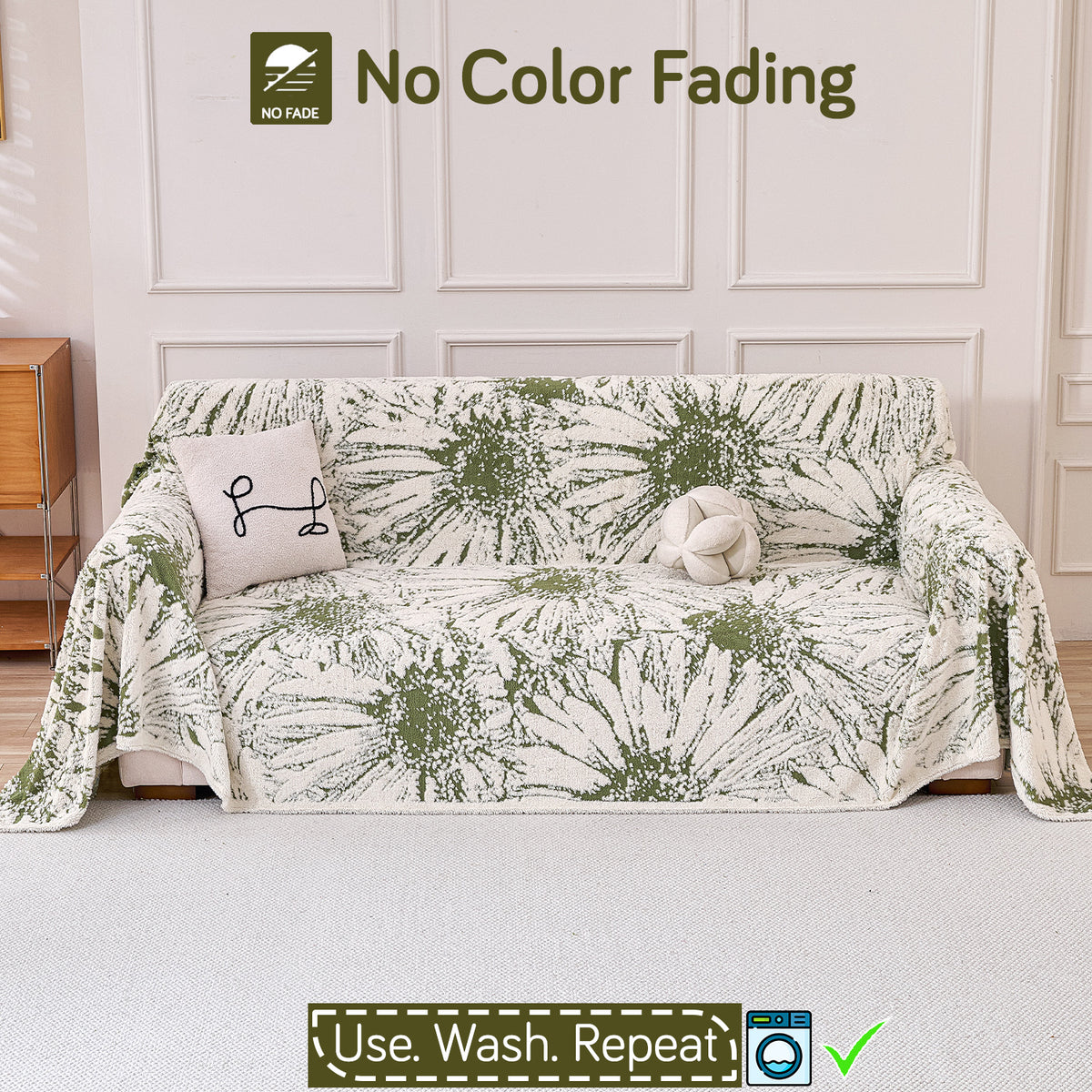 Buy Moss Green Colour DaisyBloom Series Luxury Plush Sofa Throw – 3 Seater Sofas | HOKIPO