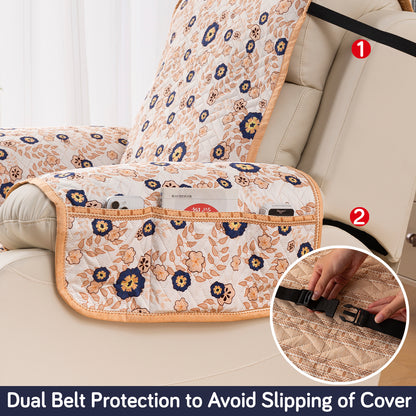 Quilted Cover for Recliner Sofa with SecureFit Belt & Side Pocket, Light Peach Candytuft