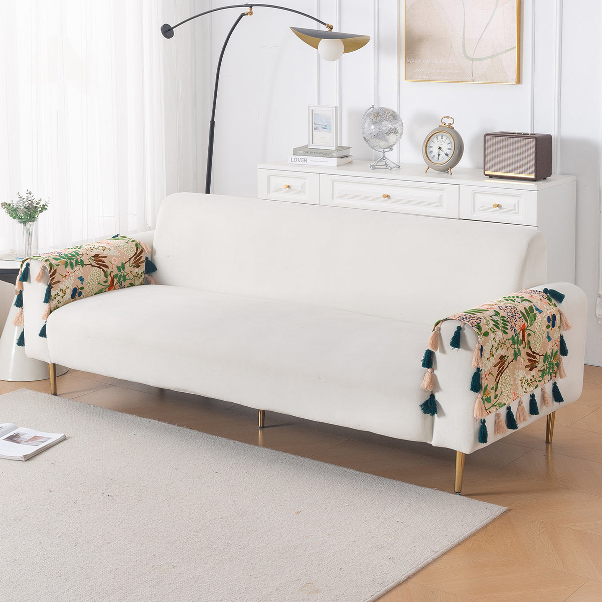 'Whispers of Nature' Series Holland Velvet Sofa Cover with Tassel, Beige Woodland Bloom