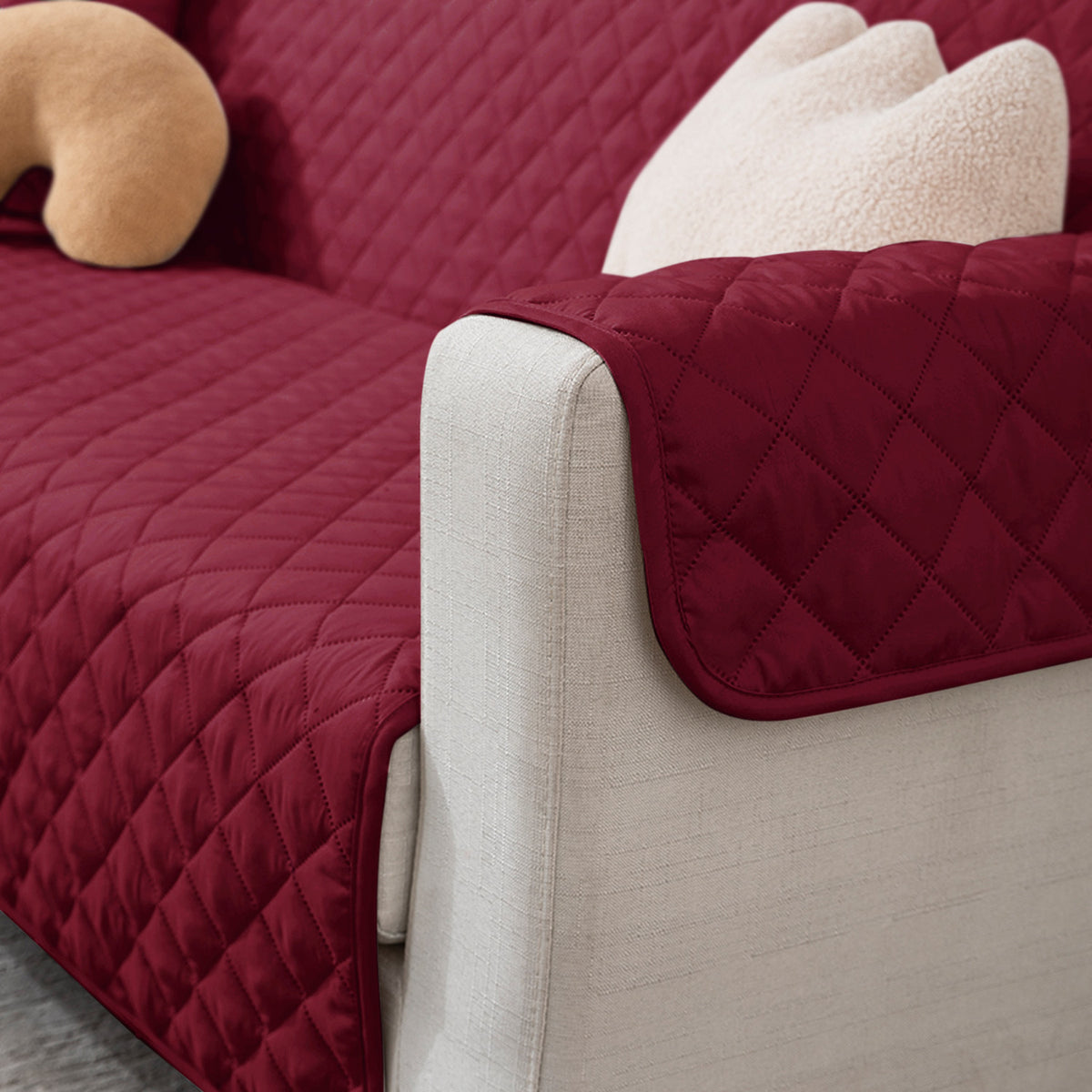 Maroon Polyester quilted three seater sofa cover with armrest and side pockets