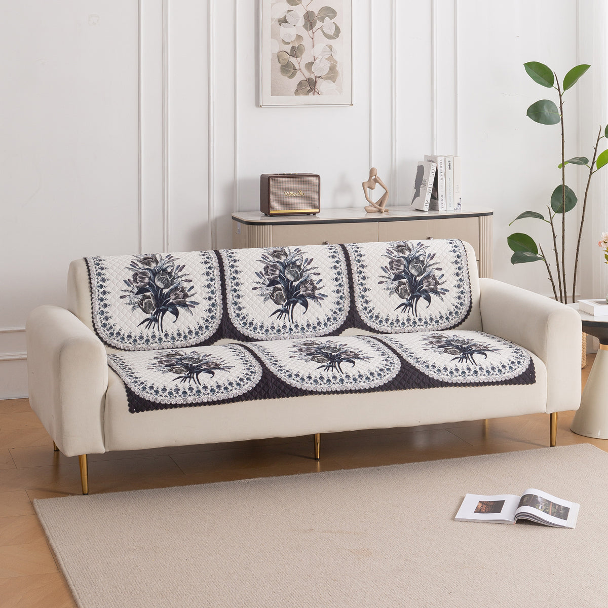 LoomVerse Quilted Sofa Cover Set Washable Sofa Panel for Seat & Back - Midnight Bloom