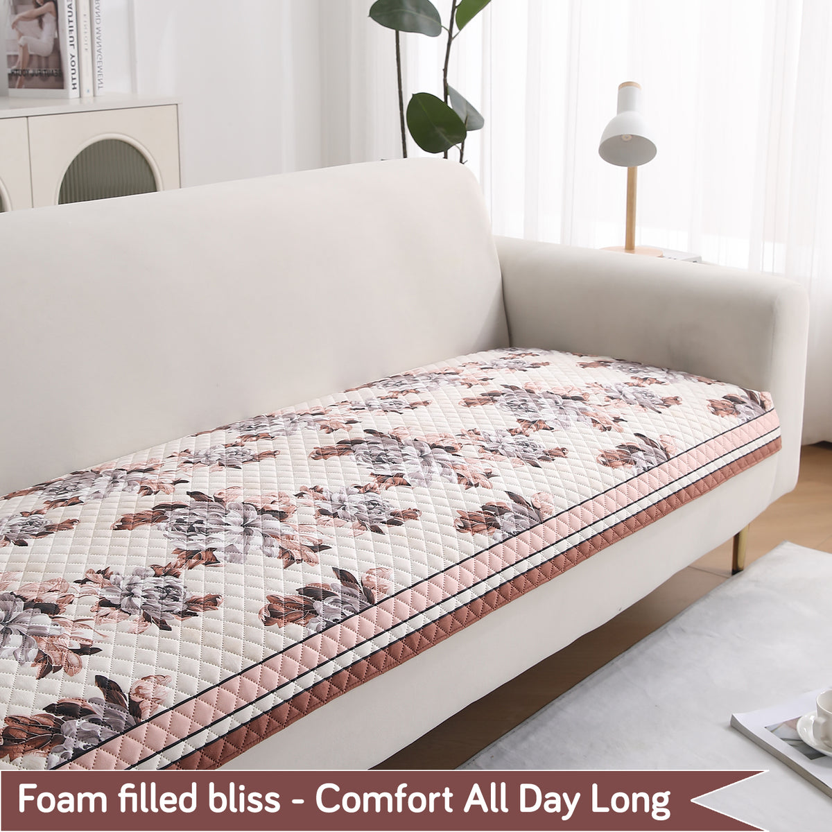 LiefNest Holland Velvet Sofa Cover Mat with Foam Filling -  Chrysanthemum Bloom Soft Beige