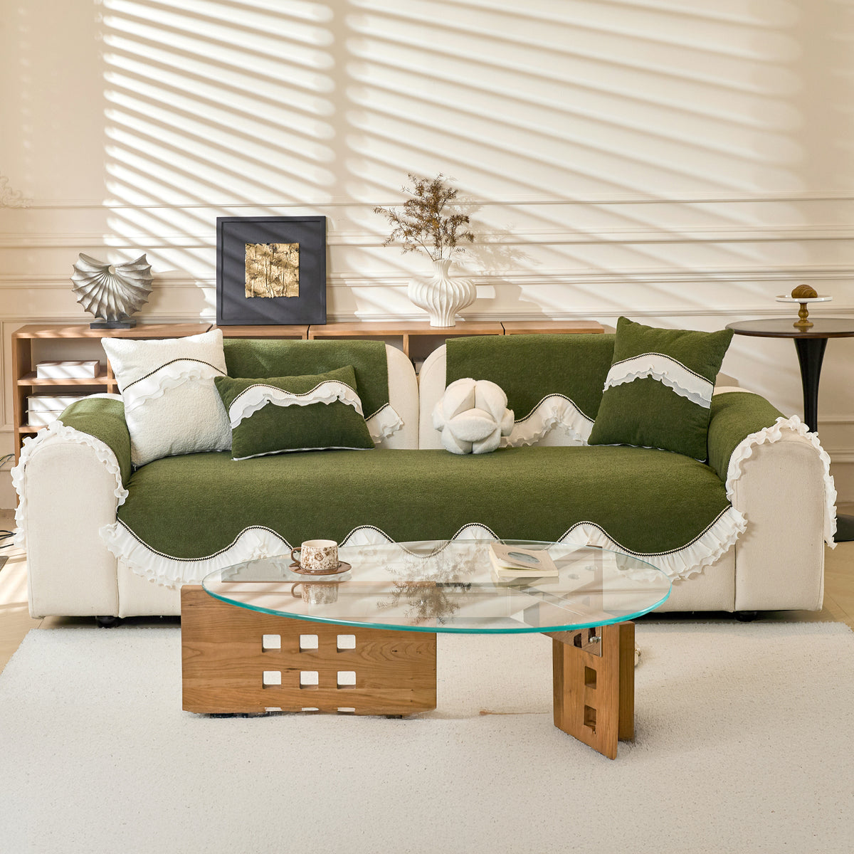 French Classic Frill Sofa Cushion Cover with Elegant Wavy Lace Design - Dark Olive Green
