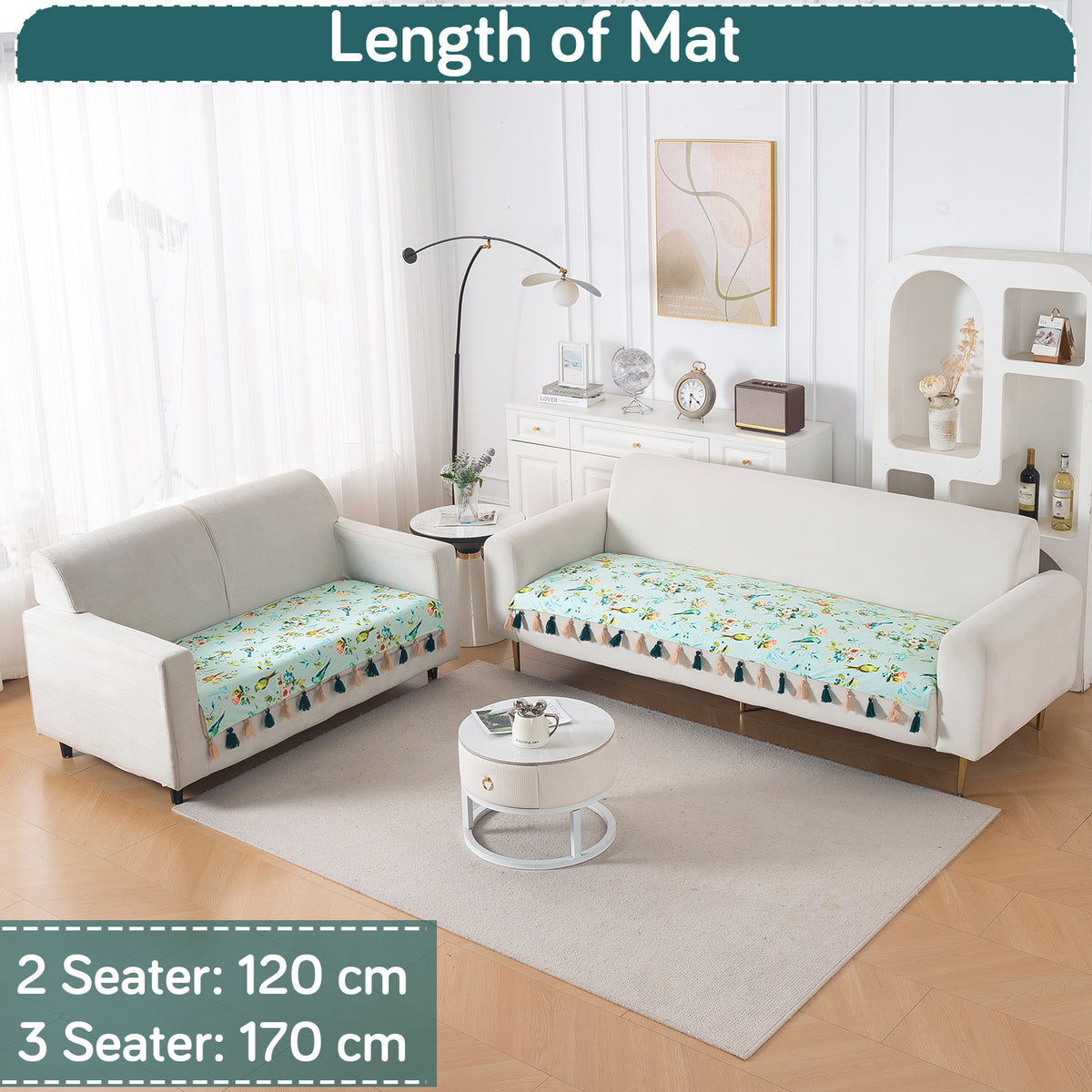'Whispers of Nature' Series Holland Velvet Sofa Seat Mat with Tassel, Mint Birdsong Blossom
