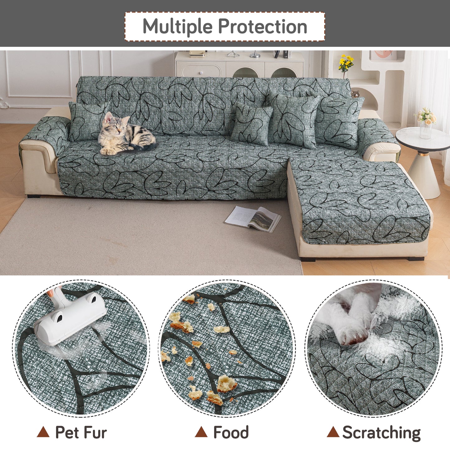 Elira Series Quilted One-Piece L Shape Sofa Cover Mat with Left and Right Chaise, Intense Grey Abstract Floral