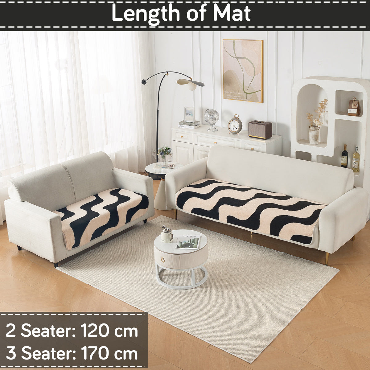 Luxury Plush Sherpa Anti Slip Combination Sofa Mat, 'Noirea Series'|Wavy Stripe