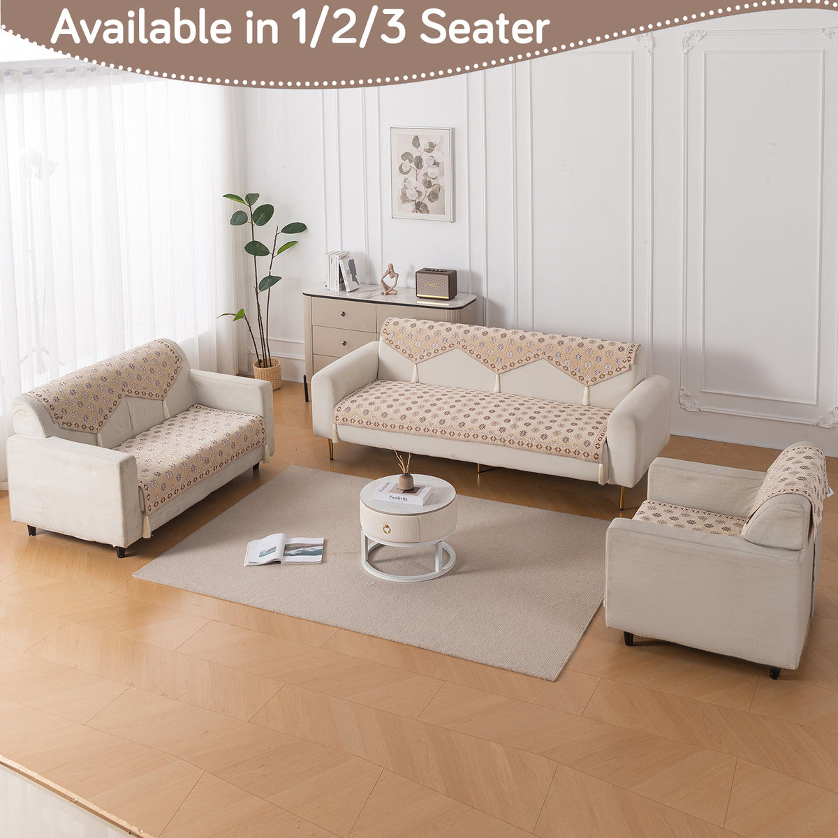 Heritage Weave Premium Jacquard Sofa Cover Set with Tassels - Sandy Beige