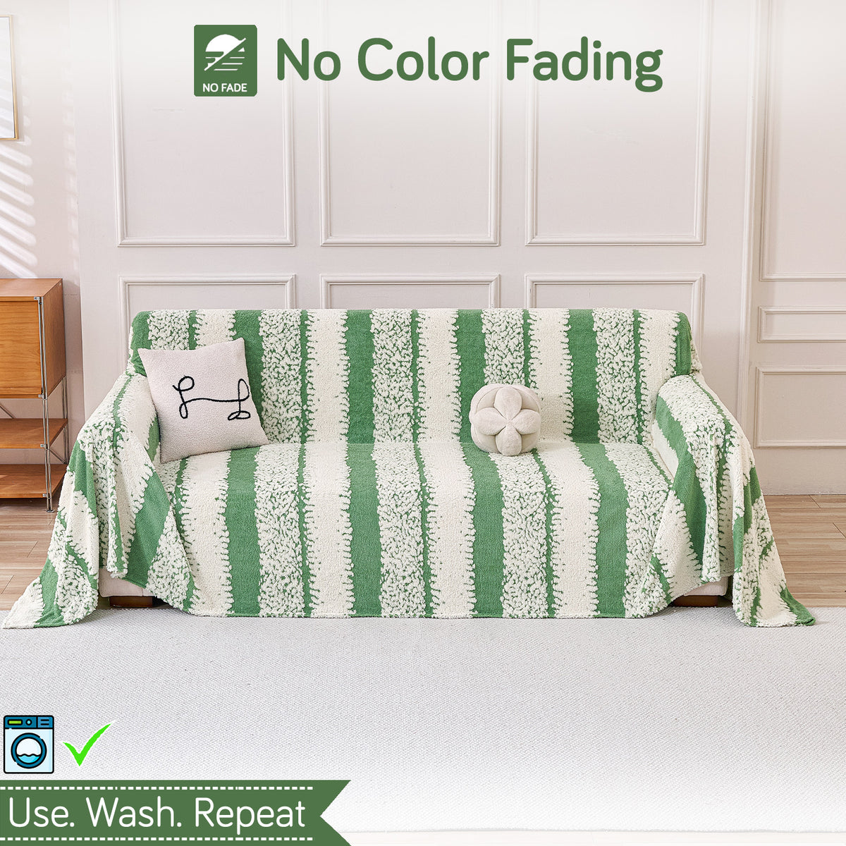 Buy Pistachio Green Colour Luxury Wavy Plush Sofa Throw Cover – 3 Seater Sofas | HOKIPO