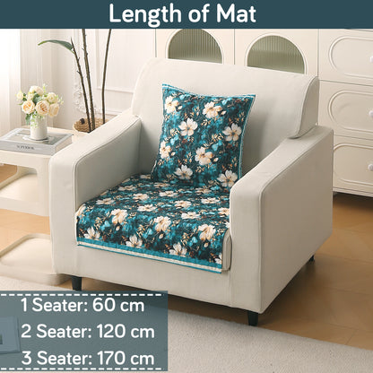 Florentina Series Printed Holland Velvet Sofa Mat - Pansies Teal