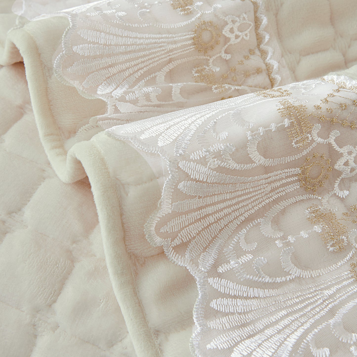 BelleLace Series Imperial Milk Velvet L Shape Sofa Cover Mat with Lace Design - Pearl White