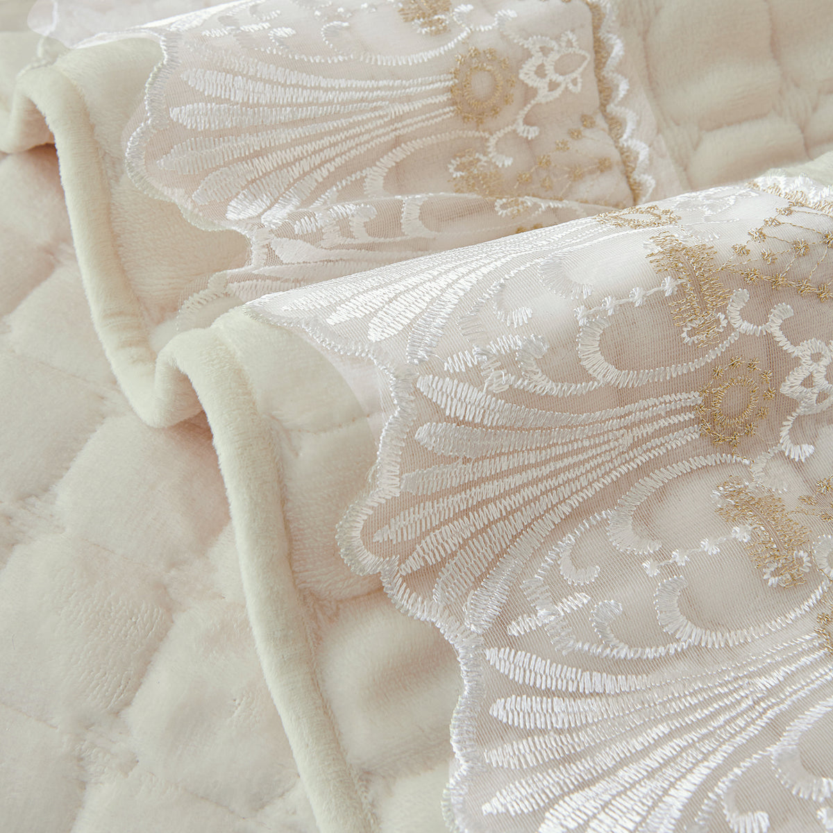 BelleLace Series Imperial Milk Velvet L Shape Sofa Cover Mat with Lace Design - Pearl White