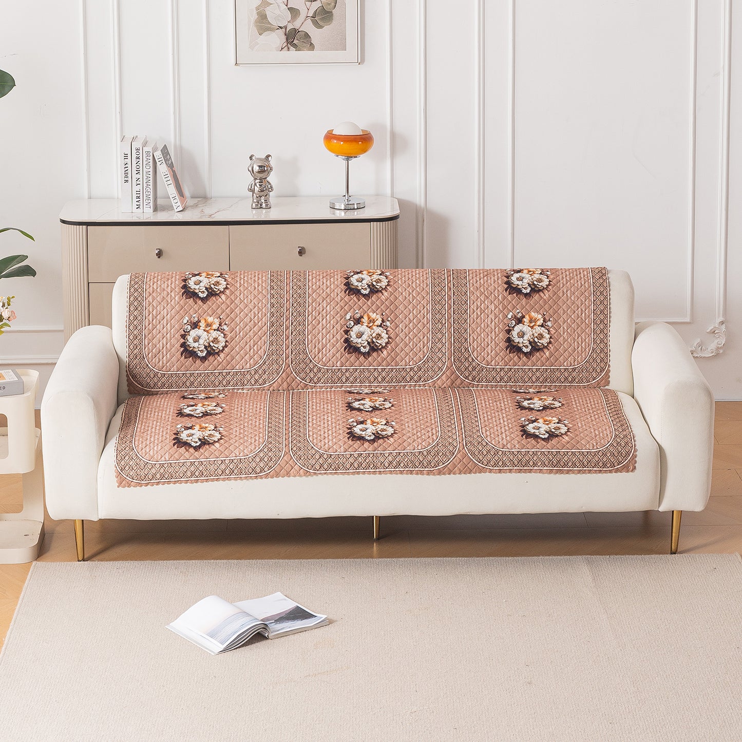 LoomVerse Quilted Sofa Cover Set Washable Sofa Panel for Seat & Back - Vintage Rosette
