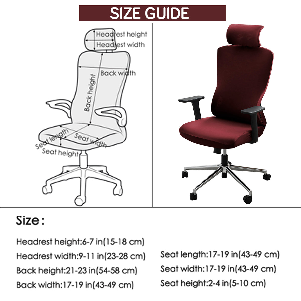 Office Chair Cover with Headrest (High-Back) – 140 GSM Stretch Fabric – Washable, Anti-Slip Fit for Ergonomic Mesh Office Chairs,  Burgundy