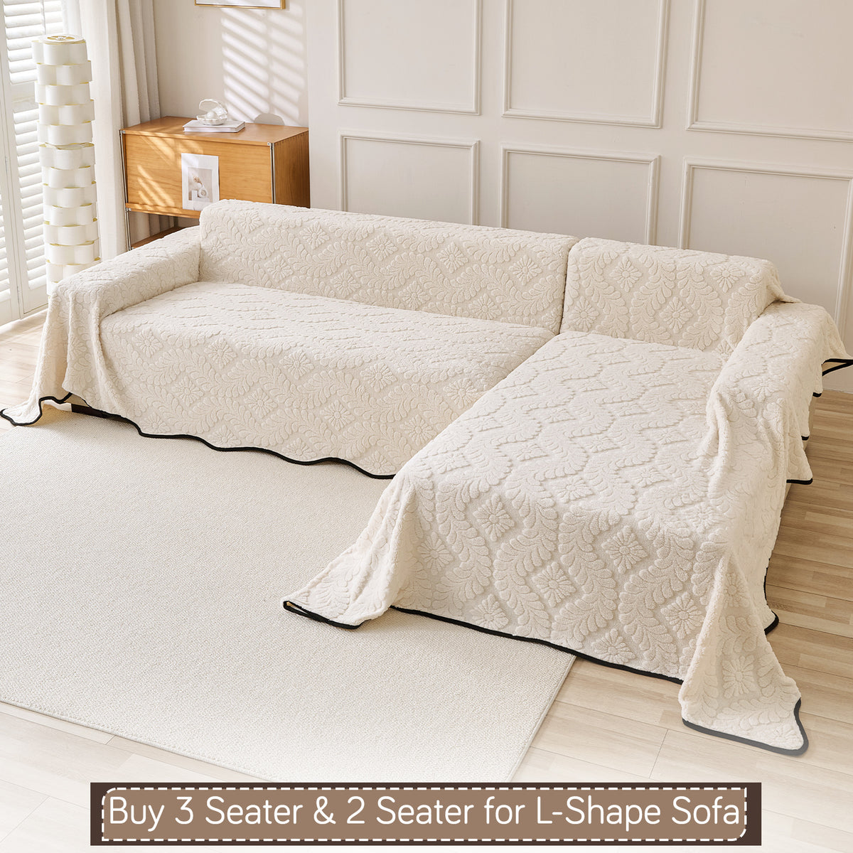 Buy Light Cream Colour Wavy Petal Crest Series Plush Sofa Throw for L-shape Sofas - 3 & 2 Seater Sofa Sets | HOKIPO