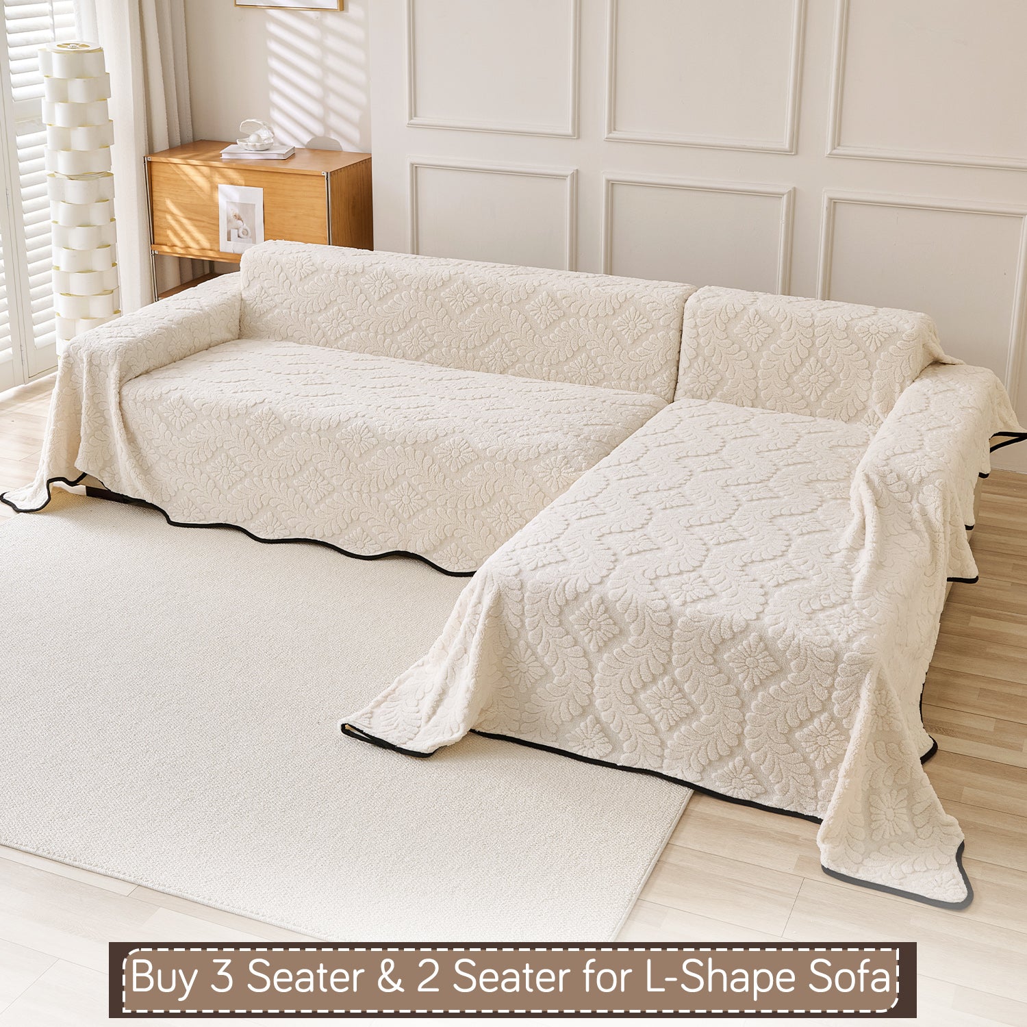 Buy Light Cream Colour Wavy Petal Crest Series Plush Sofa Throw for L-shape Sofas - 3 & 2 Seater Sofa Sets | HOKIPO