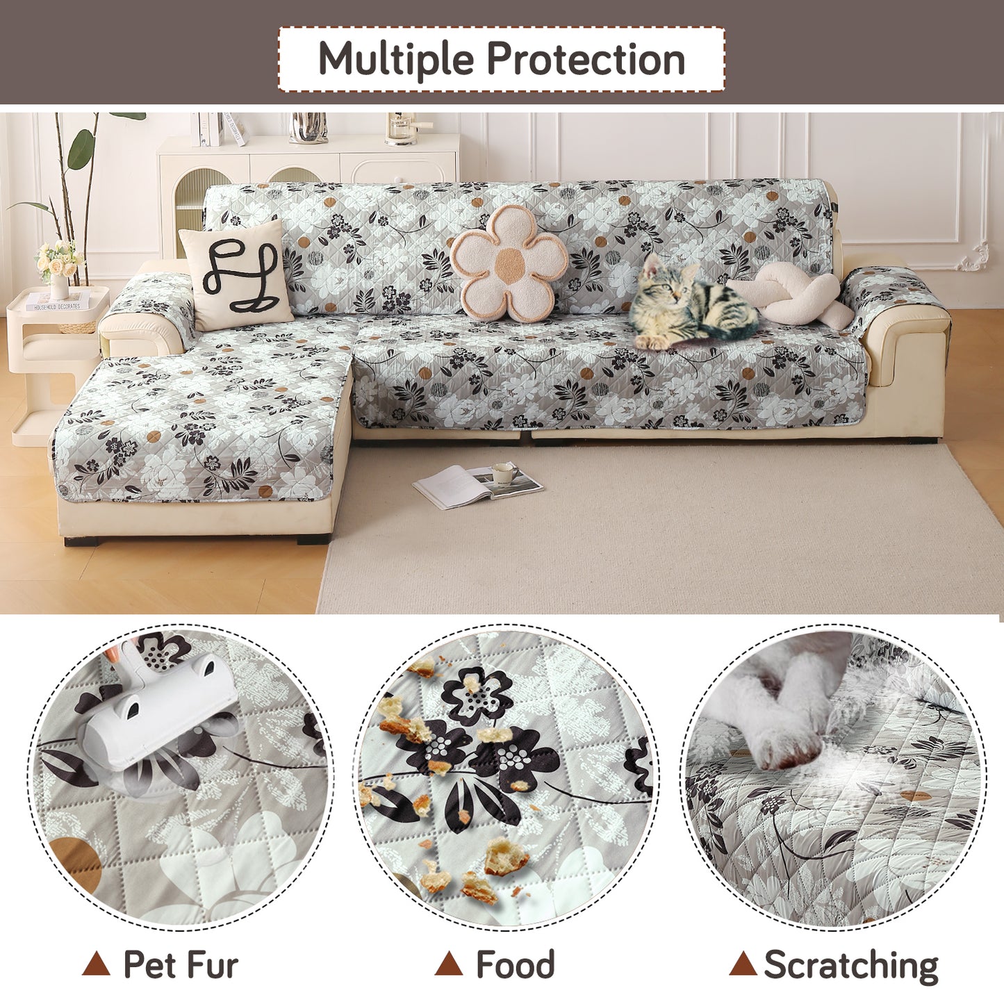 Elira Series Quilted One-Piece L Shape Sofa Cover Mat with Left and Right Chaise, Feather Brown Floral