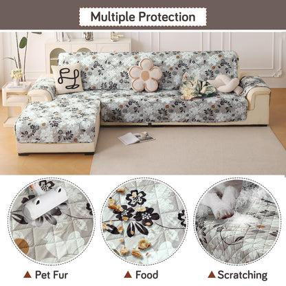 Elira Series Quilted One-Piece L Shape Sofa Cover Mat with Left and Right Chaise, Feather Brown Floral