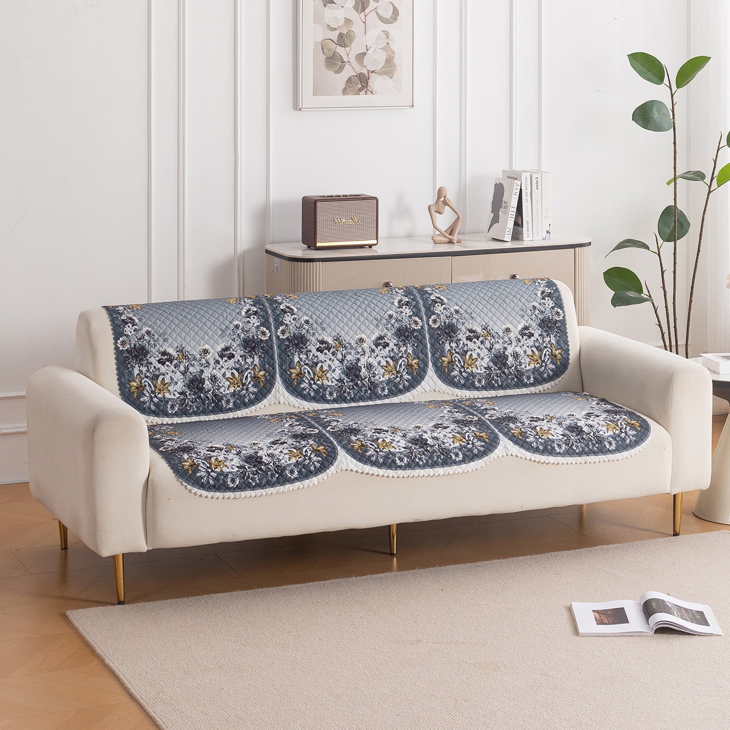 LoomVerse Quilted Sofa Cover Set Washable Sofa Panel for Seat & Back - Blue Belle