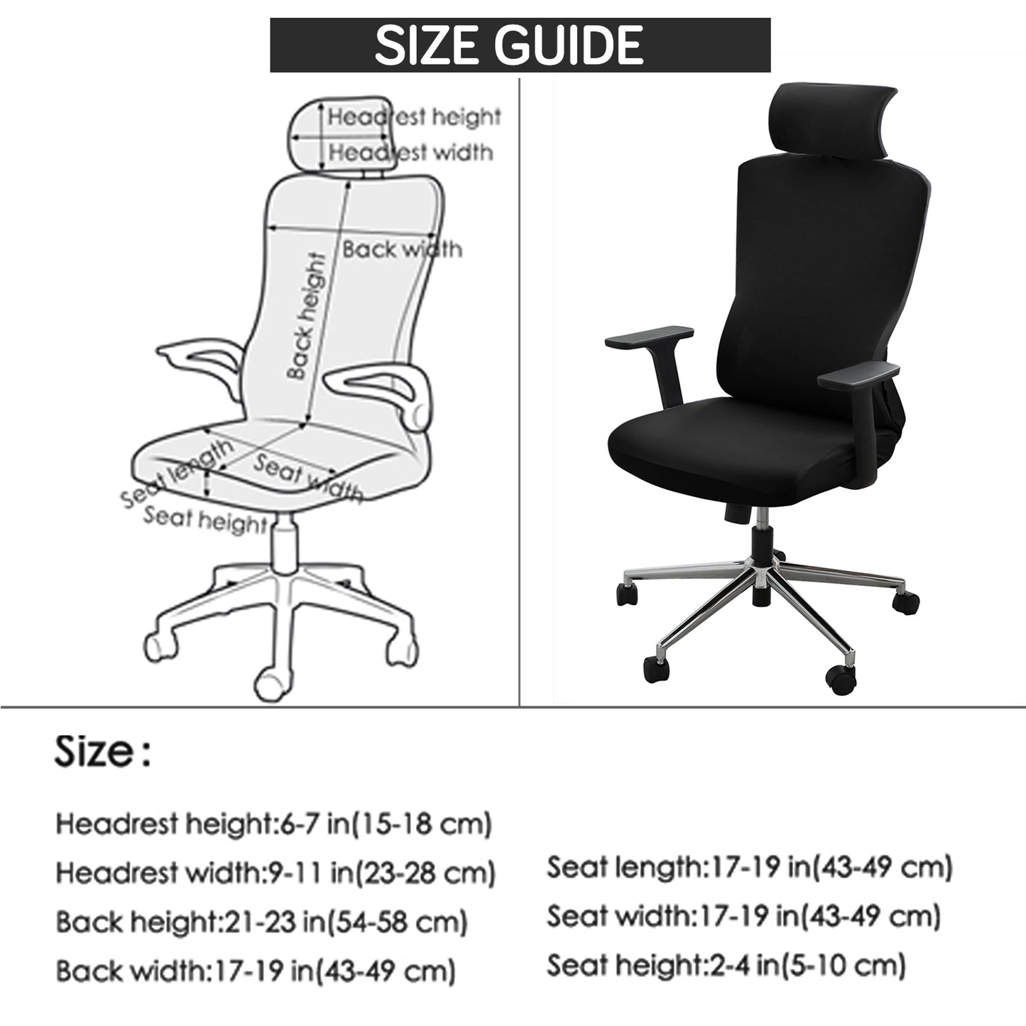Office Chair Cover with Headrest (High-Back) – 140 GSM Stretch Fabric – Washable, Anti-Slip Fit for Ergonomic Mesh Office Chairs, Black