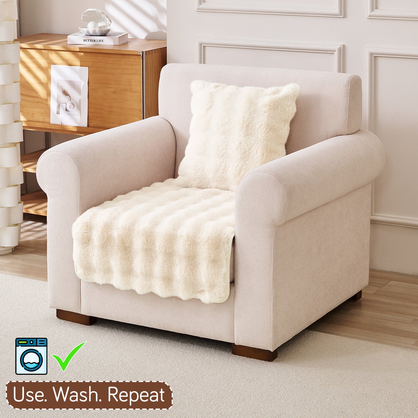 Premium Faux Rabbit Fur Anti Slip Sofa Mat for 1/2/3 Seater, Beige