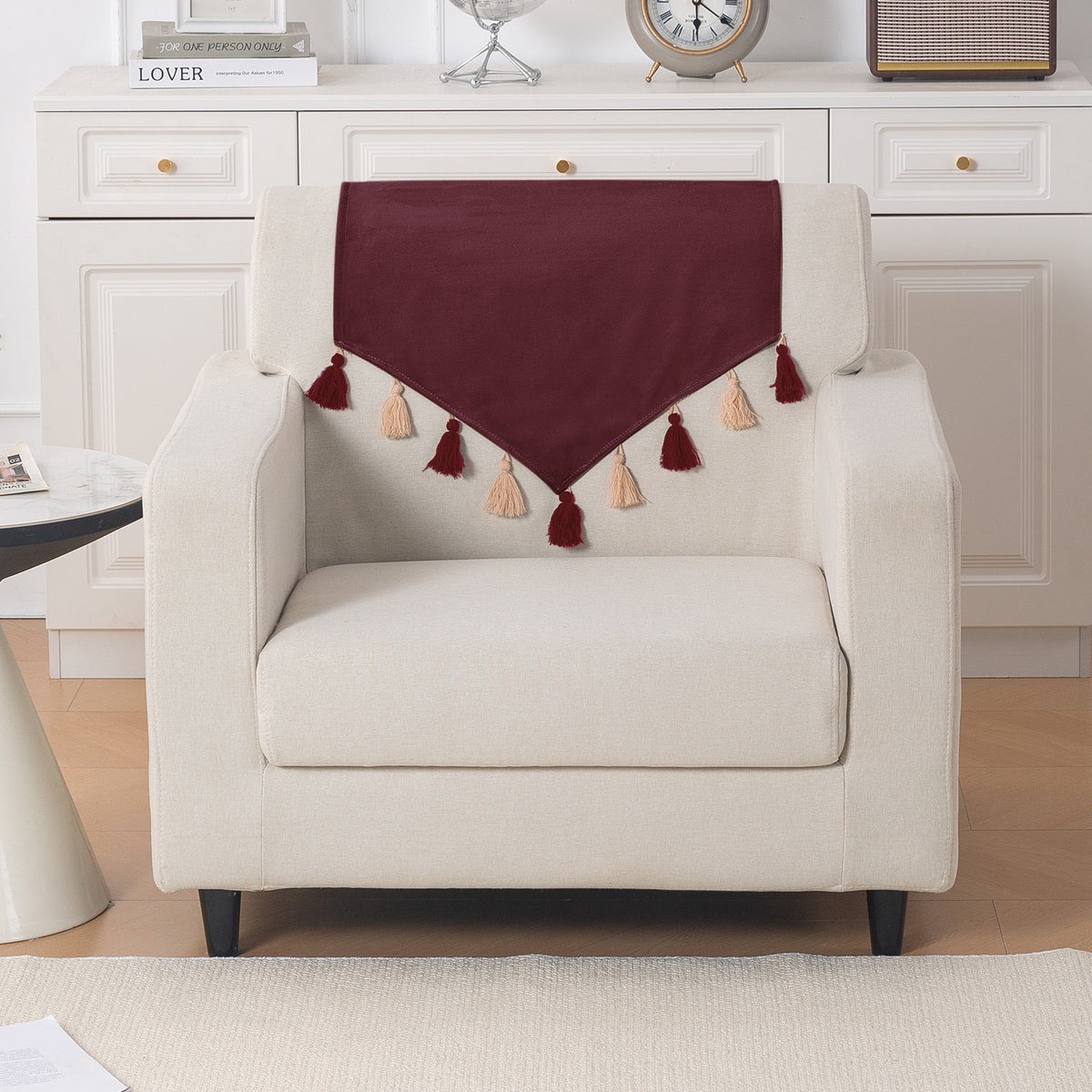 Tassel Tone Holland Velvet Sofa Cover Mat, Wine Red