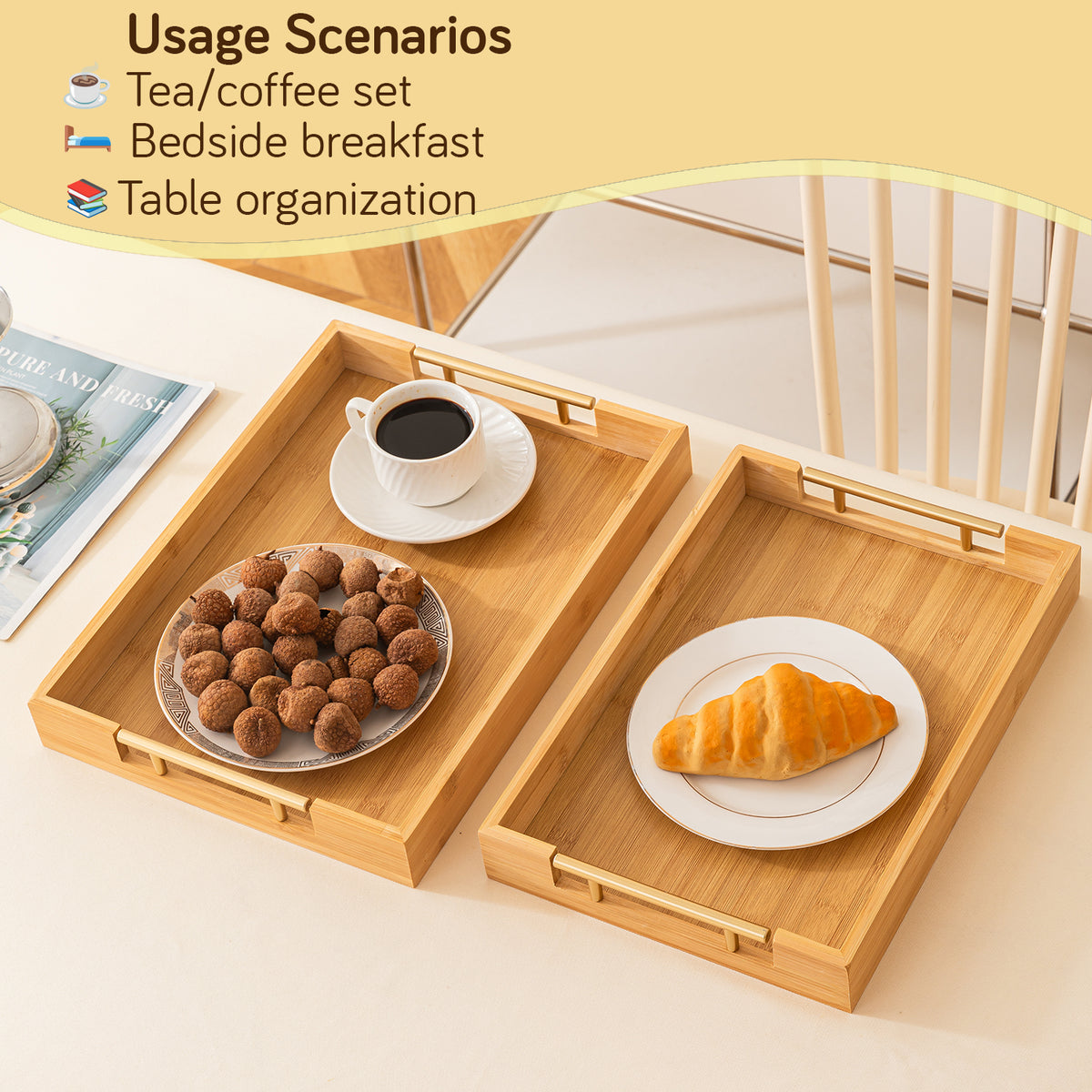 Bamboo Serving Tray Set with Gold Handles | Set of 2