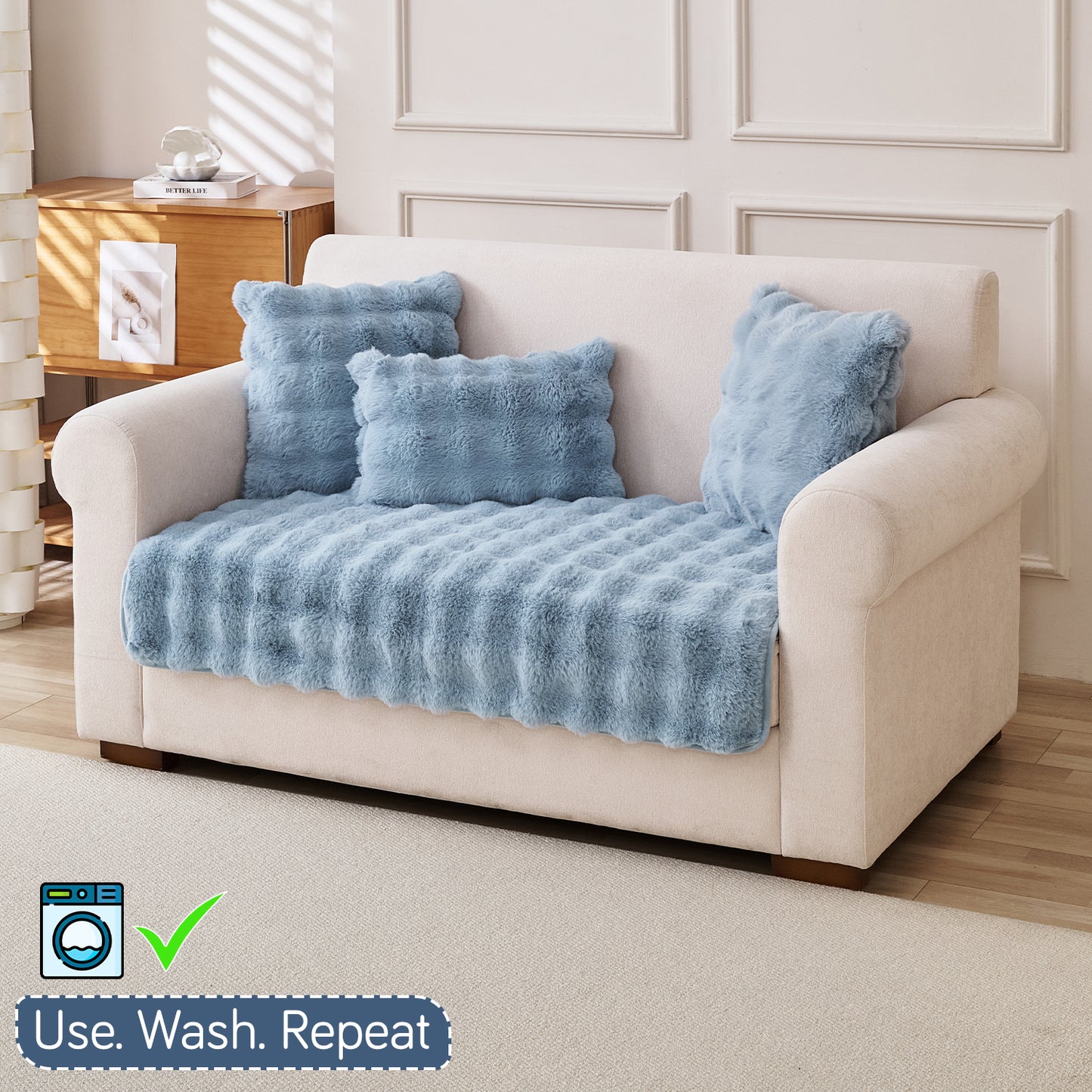 Premium Faux Rabbit Fur Anti Slip Sofa Mat for 1/2/3 Seater, Charm Blue