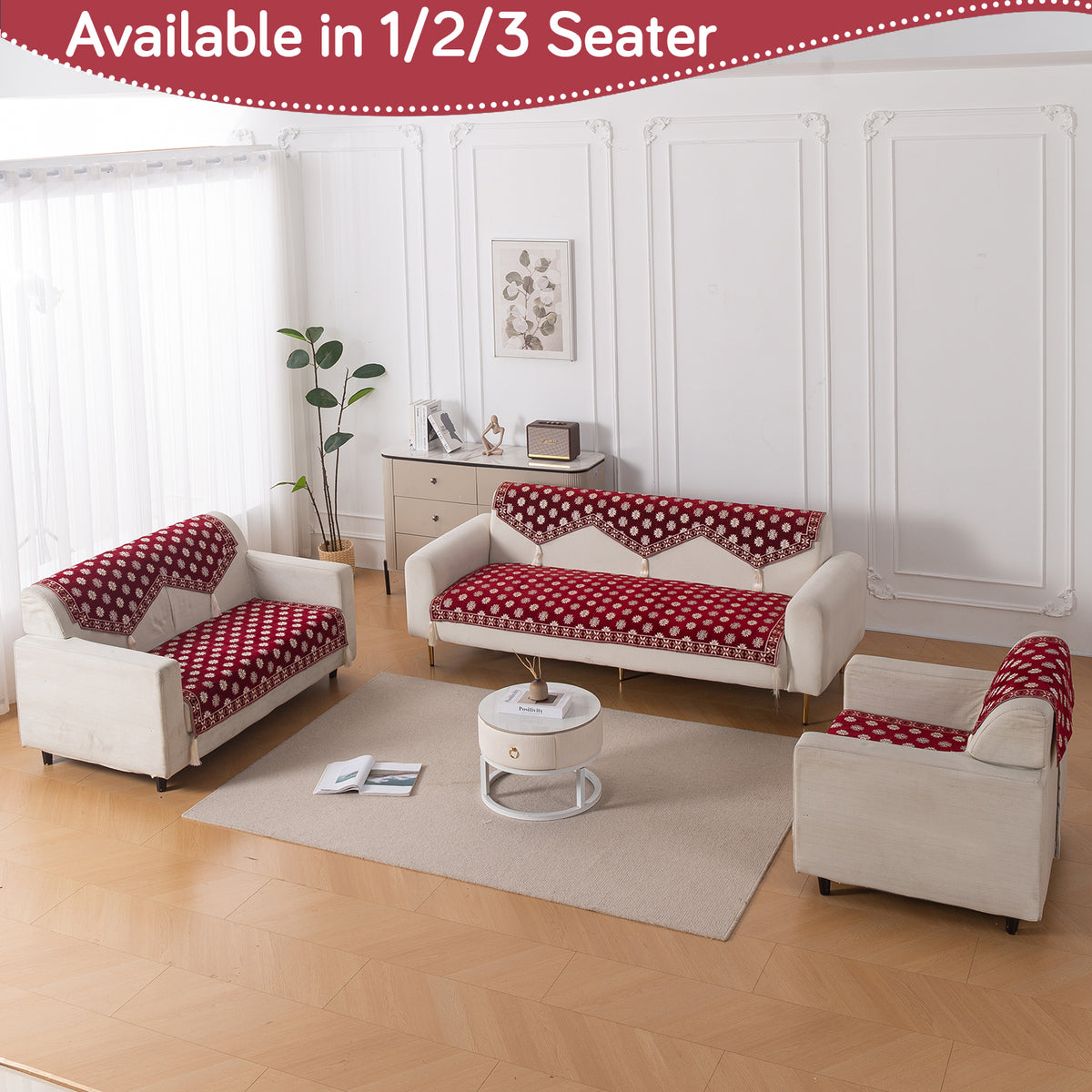 Heritage Weave Premium Jacquard Sofa Cover Set with Tassels -  Crimson Red