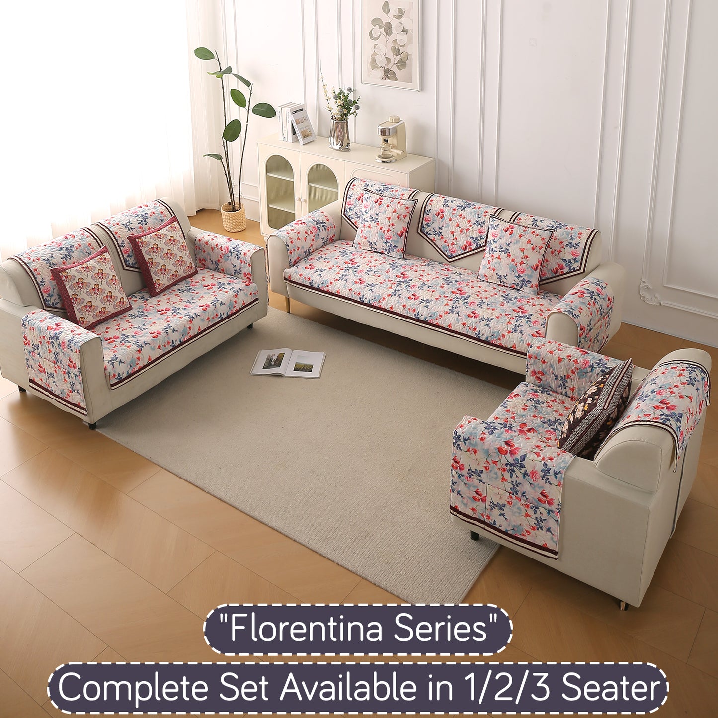 Florentina Series Printed Holland Velvet Sofa Mat - Scarlet Rose Ivory