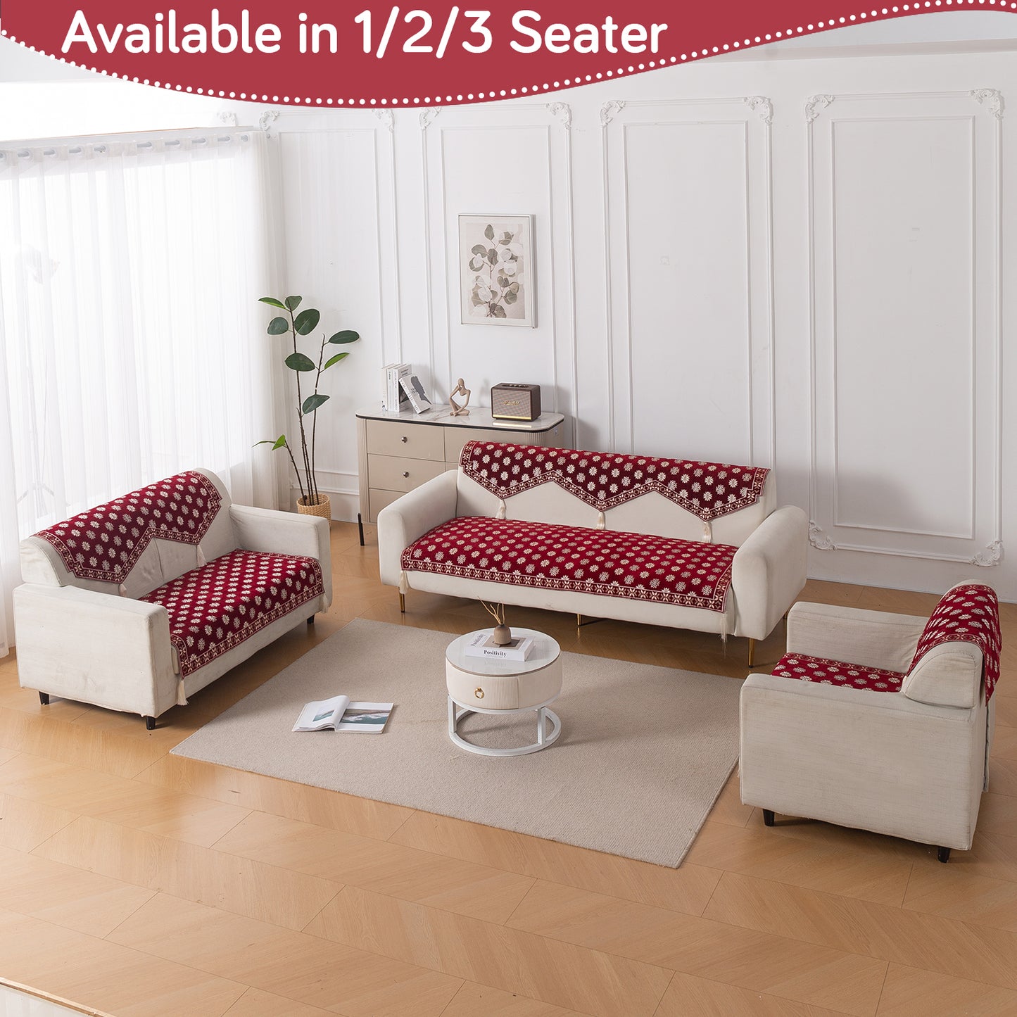 Heritage Weave Premium Jacquard Sofa Cover Set with Tassels -  Crimson Red