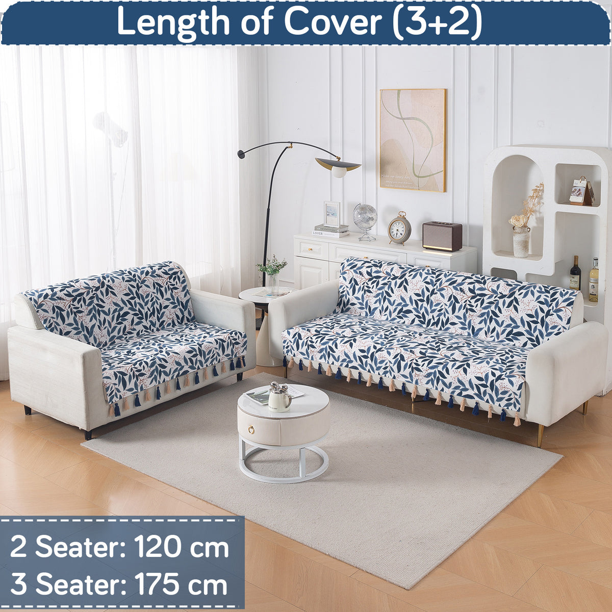 'Whispers of Nature' Series Holland Velvet Sofa Cover with Tassel, Indigo Foliage