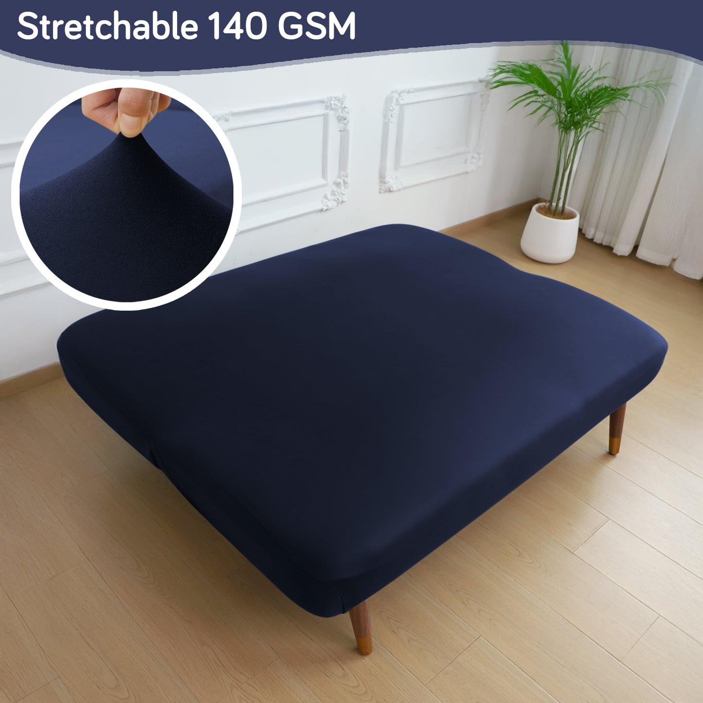SereneSolids Stretchable Elastic Armless Sofa Cover – 140 GSM, Futon Slipcover, Easy Fit, Navy Blue