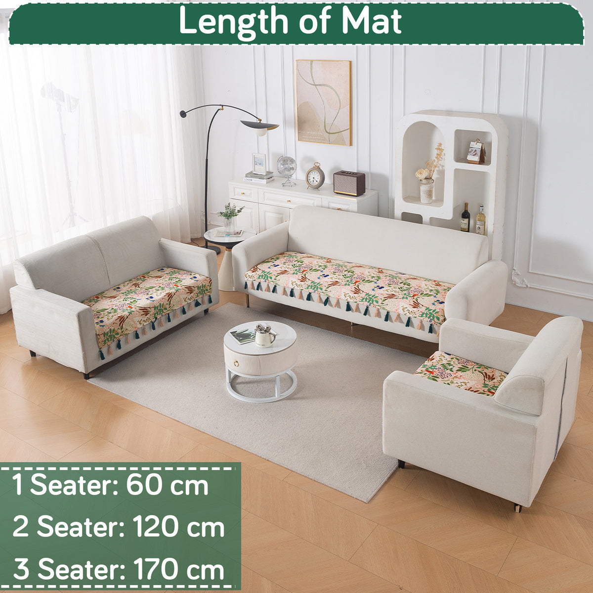 'Whispers of Nature' Series Holland Velvet Sofa Seat Mat with Tassel, Beige Woodland Bloom